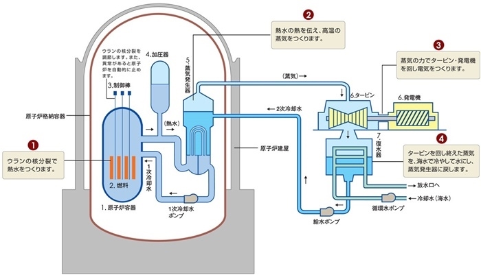 核電站運(yùn)作原理圖。通常的核電站排水未直接接觸核燃料。（圖片來源：日本北海道電力株式會社網(wǎng)站）