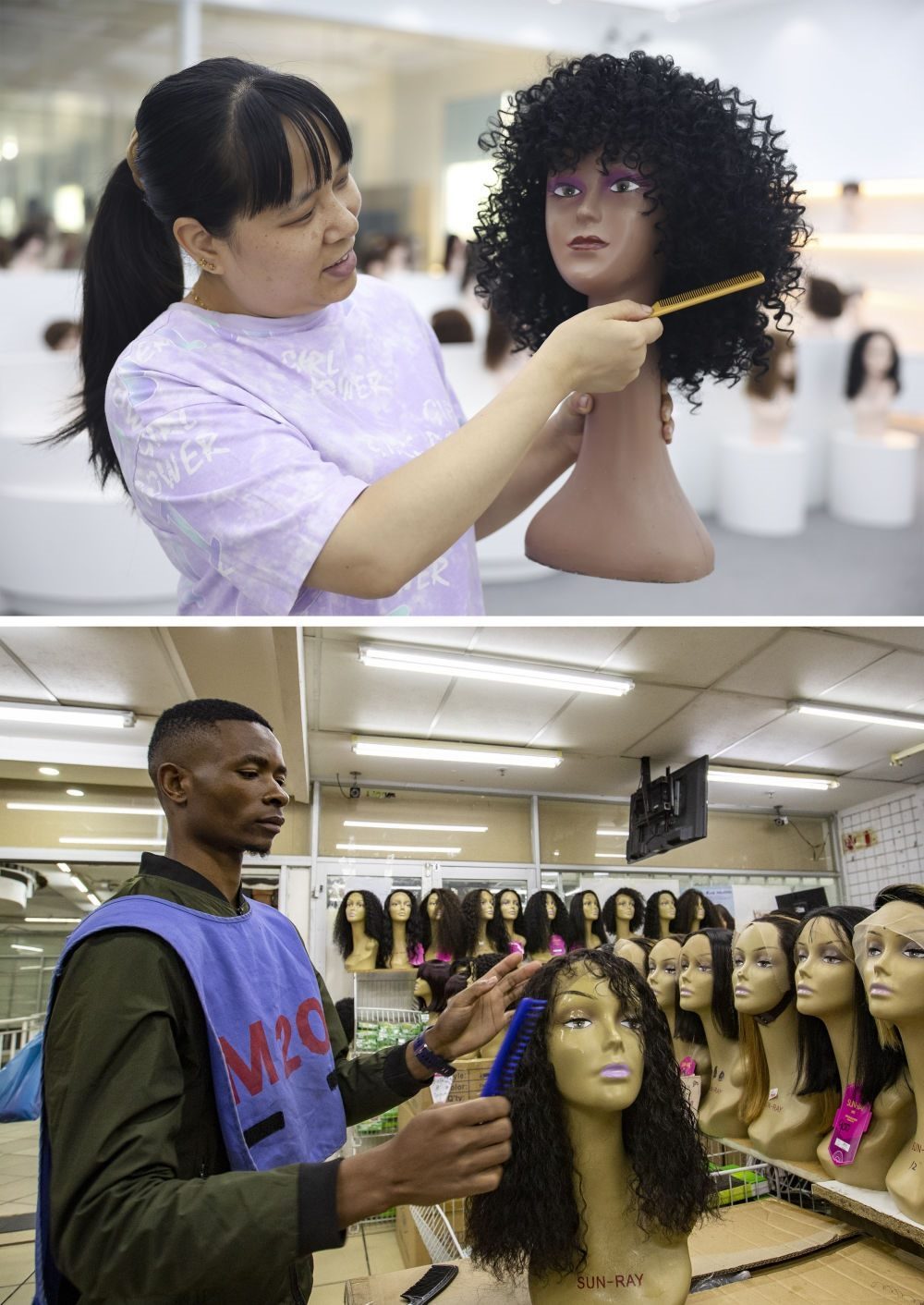 拼版照片：上圖為2023年5月25日，工人在湖南邵陽(yáng)陽(yáng)光發(fā)品有限公司展廳展示假發(fā)（新華社記者薛宇舸攝）；下圖為2023年6月9日，一名店員在湖南邵陽(yáng)陽(yáng)光發(fā)品有限公司位于南非約翰內(nèi)斯堡的店鋪內(nèi)展示假發(fā)（新華社記者張譽(yù)東攝）。新華社發(fā)