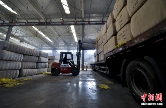 新疆喀什綜合保稅區(qū)，喀什啟路國際貿(mào)易有限公司的倉庫內(nèi)，工人正在裝載從塔吉克斯坦和烏茲別克斯坦進(jìn)口的棉花。劉新攝