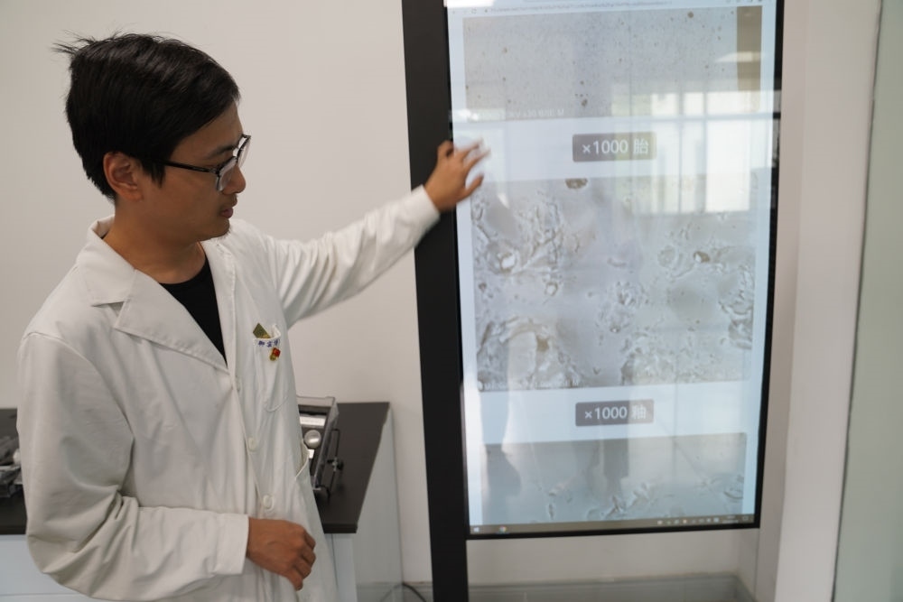 ↑ 工作人員展示瓷片標(biāo)本的配方研究數(shù)據(jù)（2023年5月16日攝）。