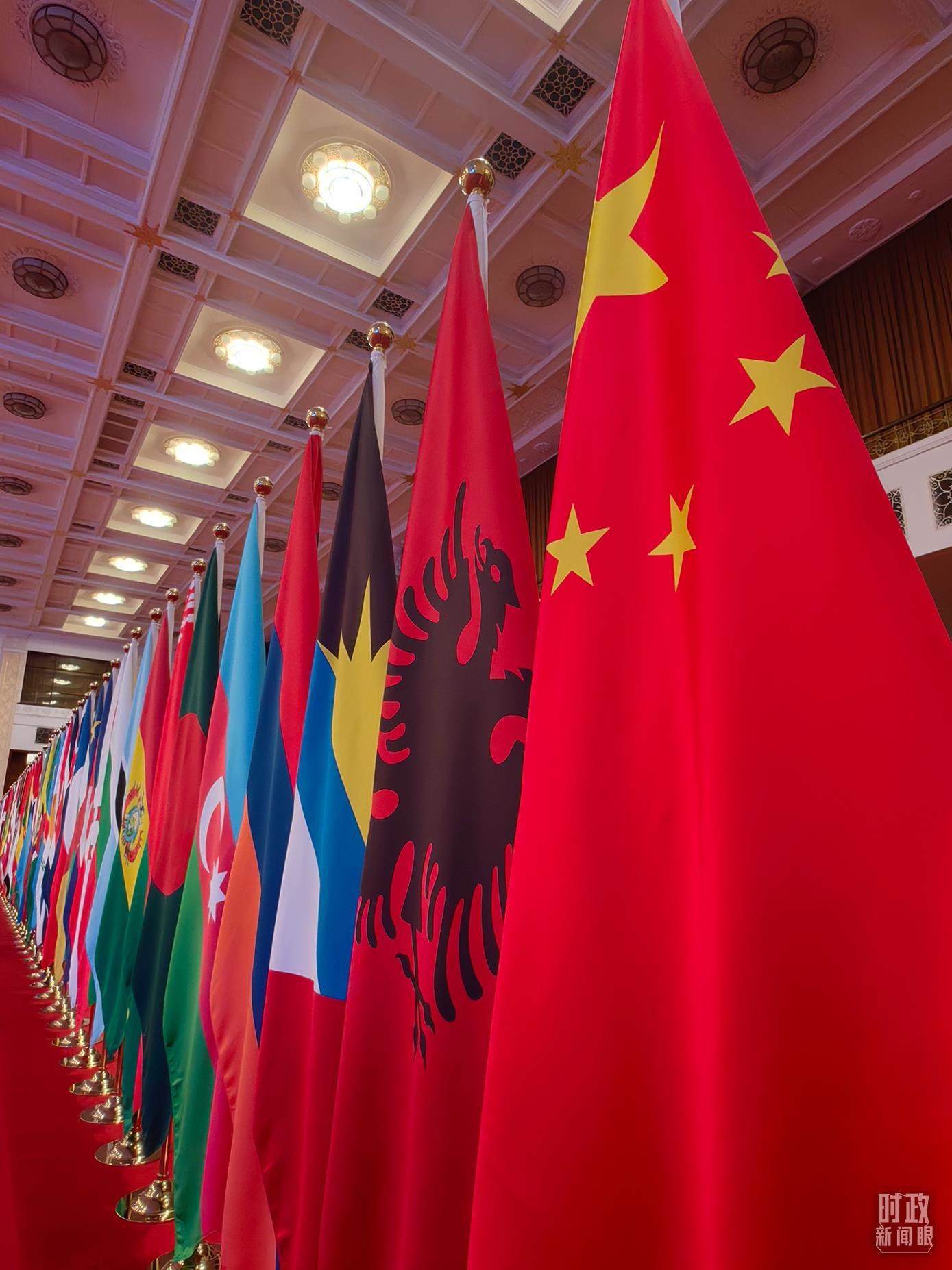 △開幕式會場內(nèi)整齊排列的旗幟。（總臺央視記者楊波拍攝）