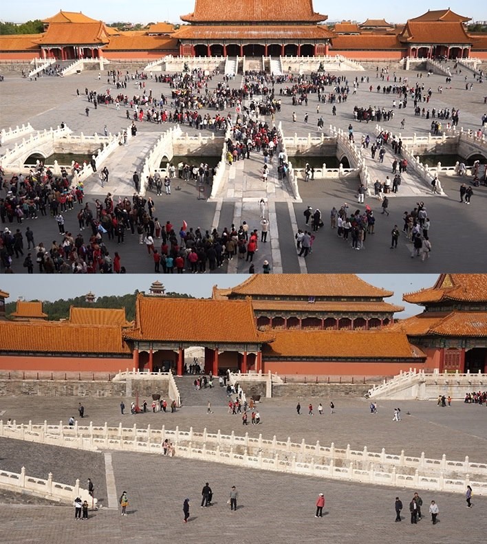 上午9時和下午13時的太和門廣場客流對比。故宮博物院供圖
