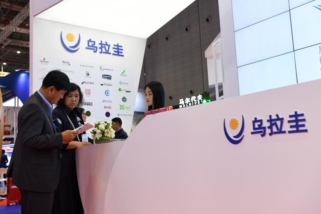 2019年11月6日，參觀者在第二屆進(jìn)博會(huì)烏拉圭國家館展臺(tái)咨詢。