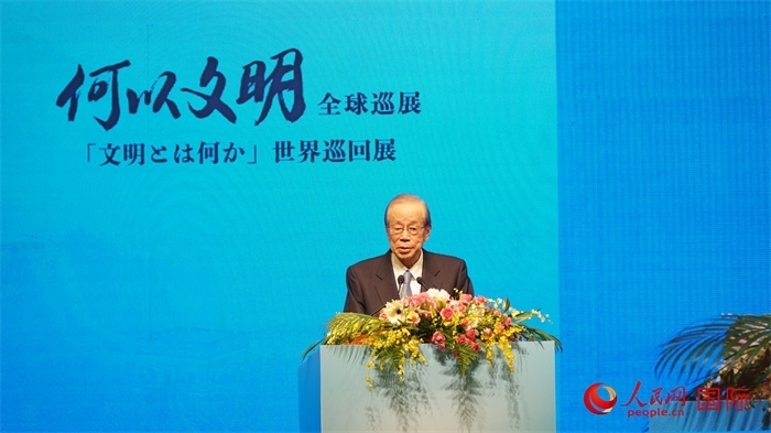 日本前首相福田康夫致辭。人民網(wǎng) 蔣曉辰攝