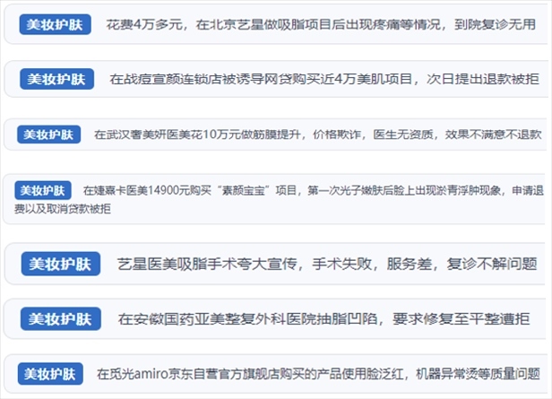 “人民投訴”用戶舉報醫(yī)美未達預期效果或?qū)е律眢w損傷退款遭拒、機構及服務人員虛假資質(zhì)、被誘導高額醫(yī)美貸、網(wǎng)購美容儀器質(zhì)量不過關等問題。（“人民投訴”平臺截圖）