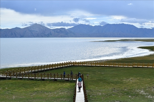 △ 游客行走在青海瑪多縣冬格措納湖畔的木棧道上。