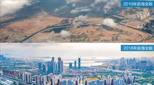 △在前海石公園的前海開發(fā)開放成果展示墻上，一張八年間的前海全貌對比圖。