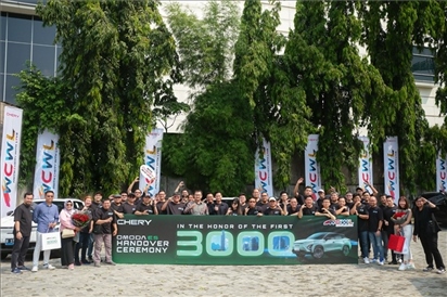 8月3日，中國車企奇瑞在雅加達舉行活動，慶祝在印尼交付第3000輛電動汽車OMODA E5。奇瑞汽車印度尼西亞銷售公司供圖