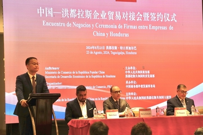 中國(guó)商務(wù)部外貿(mào)司司長(zhǎng)李興乾發(fā)表講話。埃內(nèi)斯托·多明戈斯攝