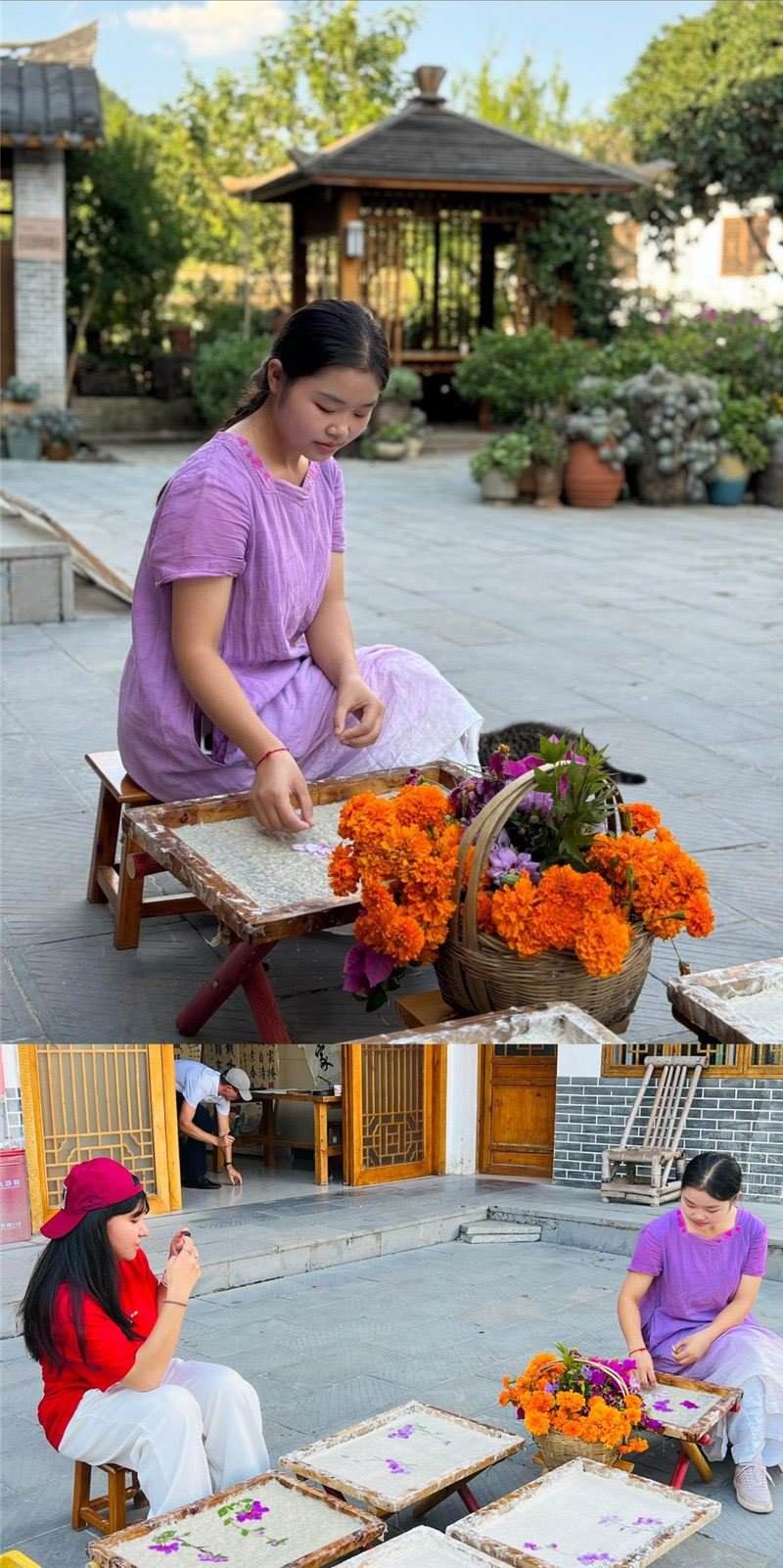 沒(méi)有女生不愛(ài)花。以古法造紙技藝為基礎(chǔ)，再輔以花草枝葉勾勒各式圖案，創(chuàng)作出花茂村獨(dú)具特色的紙漿壓花畫(huà)，少女手中的花是她眼中的風(fēng)景，而她與正在制作的紙漿壓花畫(huà)也是別人眼中的風(fēng)景。（哈薩克斯坦BAQ通訊社高級(jí)記者古爾詹·拉曼庫(kù)洛娃、張亞欣攝）