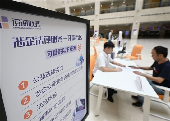 在天津濱海新區(qū)政務(wù)服務(wù)中心，工作人員在“涉企法律服務(wù)一件事”專區(qū)為市民提供服務(wù)（2024年7月31日攝）。新華社記者 趙子碩 攝