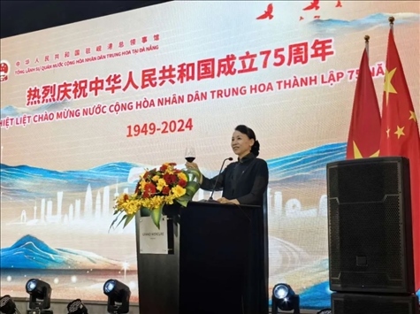 中國駐峴港總領(lǐng)事董碧幽在招待會上致辭。中國駐峴港總領(lǐng)館供圖