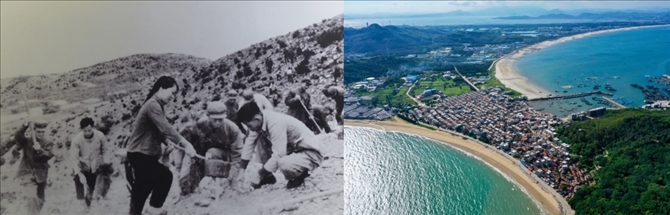 拼版照片：左圖為東山縣群眾在荒山上種植樹(shù)苗（資料照片）；右圖為2020年6月18日拍攝的東山縣陳城鎮(zhèn)澳角村附近風(fēng)光（無(wú)人機(jī)照片，新華社記者 姜克紅 攝）。