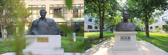 △左圖為中央黨校（國家行政學(xué)院）校園內(nèi)的焦裕祿雕塑，右圖為校園內(nèi)的谷文昌雕塑。