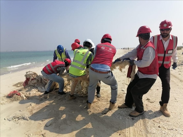中國(guó)電建員工在撿拾海灘垃圾。中國(guó)電建供圖