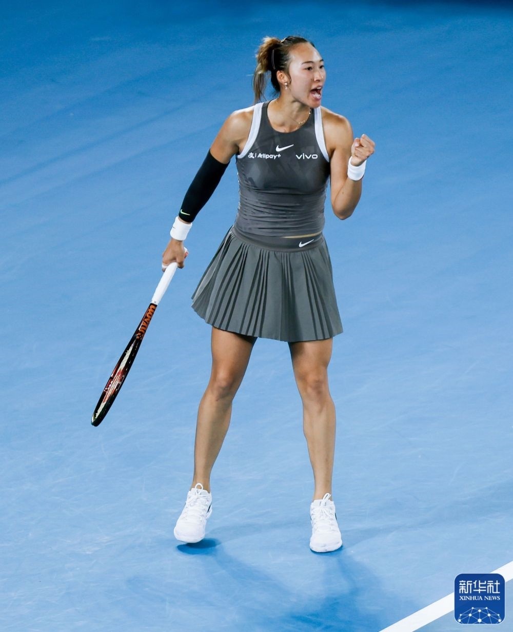 ↑鄭欽文在比賽中慶祝得分。新華社記者 馬平 攝