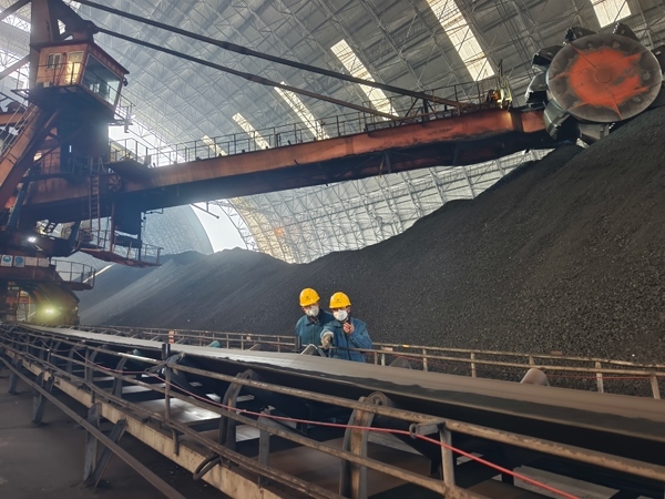 趙善國(guó)（右）和同事對(duì)電廠煤場(chǎng)進(jìn)行巡檢。受訪者供圖