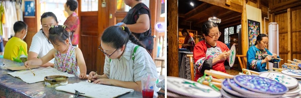 左圖：近期，游客在黎平縣肇興侗寨體驗(yàn)非遺蠟染藝術(shù)（黎平縣委宣傳部供圖）；右圖：這是2024年拍攝的繡娘在十八洞村梨子寨苗繡鄉(xiāng)村振興示范基地制作苗繡產(chǎn)品（湘西州委宣傳部供圖）。