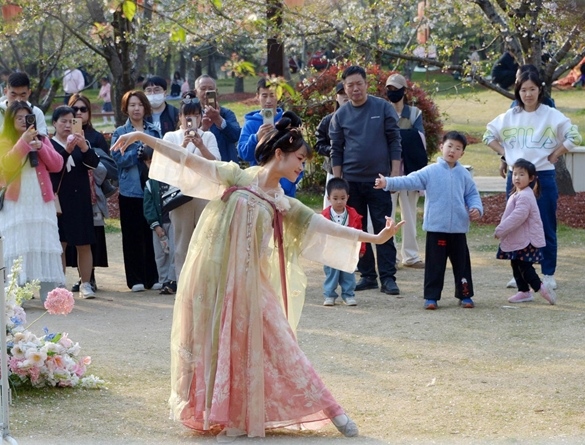 清明假期期間，上海顧村公園櫻花島上，游客在觀賞國(guó)風(fēng)漢服快閃表演。（圖片來(lái)源：視覺(jué)中國(guó)）