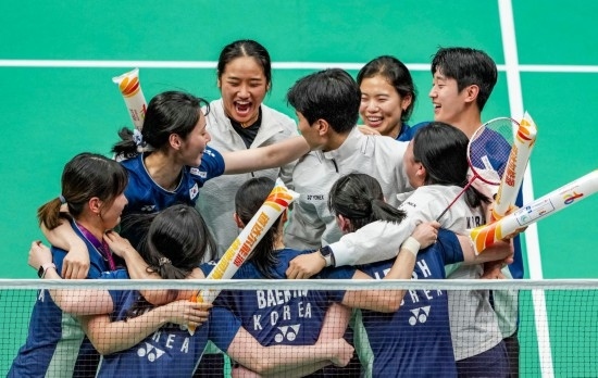 5月3日，韓國隊慶祝晉級決賽。新華社記者 孫非 攝