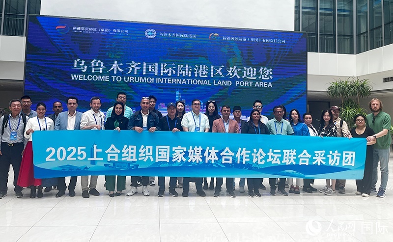 5月26日，外國媒體人在烏魯木齊國際陸港區(qū)合影留念。 人民網(wǎng)記者 翟轉(zhuǎn)麗攝