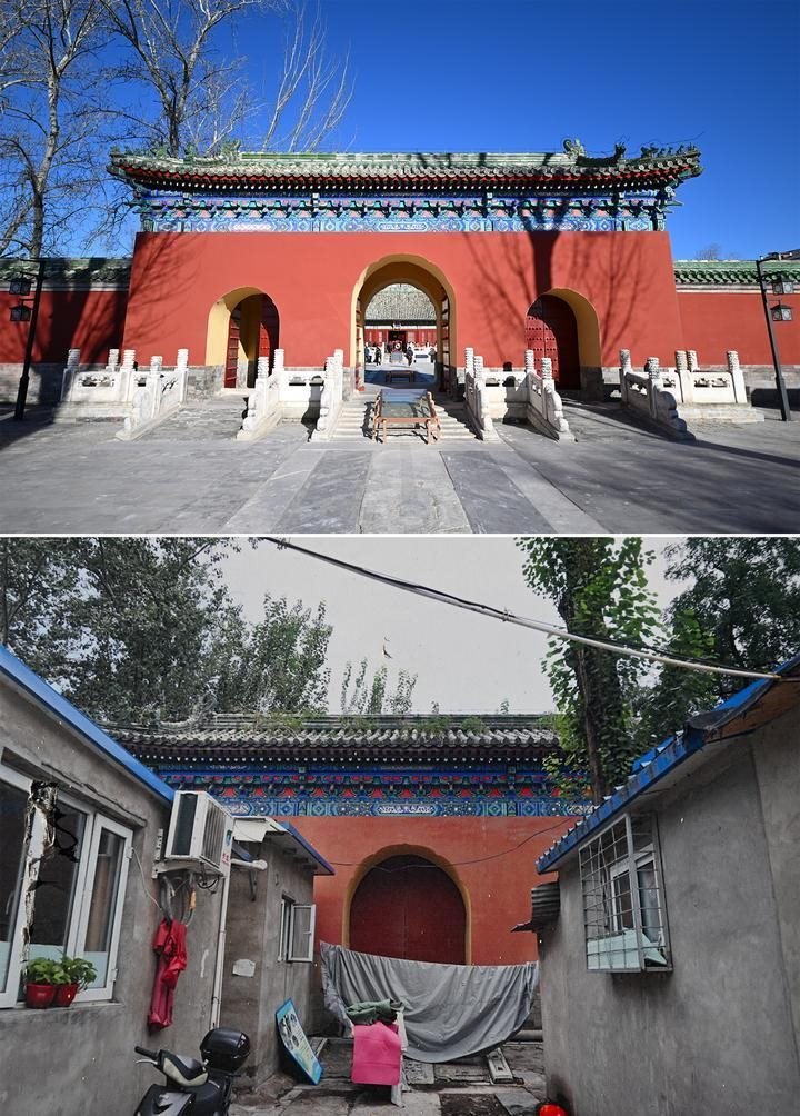 位于先農(nóng)壇內(nèi)的慶成宮，曾長時間被雜亂的民居占據(jù)。在北京中軸線申遺保護(hù)工作的帶動下，北京完成了慶成宮區(qū)域文物征收騰退、非文物建筑拆除、彩畫保護(hù)、本體修繕、展覽布陳等，讓560多年歷史的古建群重新回歸。2024年12月，北京中軸線上先農(nóng)壇內(nèi)的慶成宮首次面向社會公眾開放。上圖為騰退修繕后的慶成宮內(nèi)宮門（資料照片）；下圖為翻拍的慶成宮內(nèi)宮門騰退修繕前的資料照片（2024年12月21日攝）。